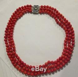 Vintage 3 Strand Bead Genuine Coral Handknotted Sterling Chinese Necklace