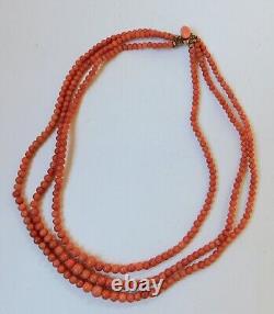 Vintage 3 Strand Natural Coral Undyed Beads Necklace 16 14K Clasp J19