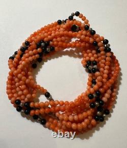 Vintage 5T Carved Salmon Coral Black Onyx 8K Gold Clasp 3mm Beads 17 Necklace
