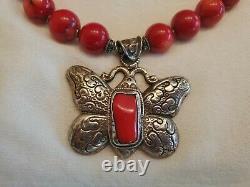 Vintage 800 Silver Ethnic Statement Genuine Red Coral Beads Butterfly Necklace