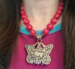 Vintage 800 Silver Ethnic Statement Genuine Red Coral Beads Butterfly Necklace