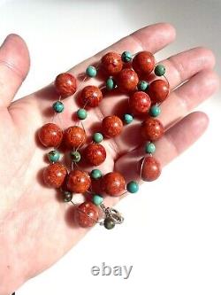 Vintage 925 Silver Natural Large Tibetan Coral & Turquoise Beads Necklace