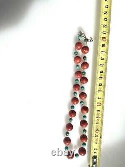 Vintage 925 Silver Natural Large Tibetan Coral & Turquoise Beads Necklace