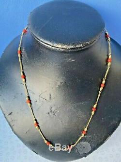 Vintage 9K Gold Curb Link and Coral Bead Necklace