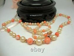 Vintage Akoya Pearl / Natural Coral Necklace 9ct Rose Gold Clasp