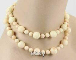 Vintage Angel Skin Carved Coral 14mm Beaded Long Necklace With 14k Clasp