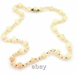 Vintage Angel Skin Carved Coral 14mm Beaded Long Necklace With 14k Clasp
