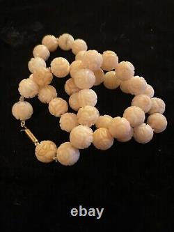 Vintage Angel Skin Carved Coral Chinese Shou Bead Necklace