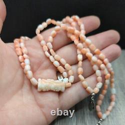 Vintage Angel Skin Coral Bead Deco Double Strand Necklace Floral Carved Bead 17