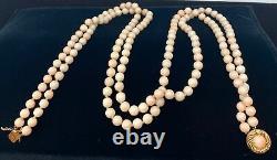 Vintage Angel Skin Coral Bead Double Strand Necklace 24 6mm 14K Gold Clasp