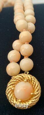 Vintage Angel Skin Coral Bead Double Strand Necklace 24 6mm 14K Gold Clasp
