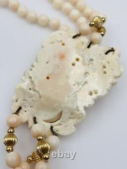 Vintage Angel Skin Coral Beaded Carved Flower Yellow Gold Large Necklace