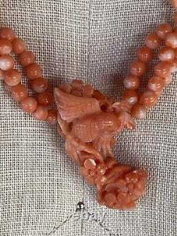 Vintage Angel Skin Coral Beaded Deep Carved Flower & Bird 3 Strand Necklace
