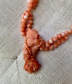 Vintage Angel Skin Coral Beaded Deep Carved Flower & Bird 3 Strand Necklace