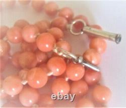 Vintage Angel Skin Coral Beads Hand Knotted Necklace Sterling Clasp 19.75