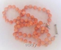 Vintage Angel Skin Coral Beads Hand Knotted Necklace Sterling Clasp 19.75