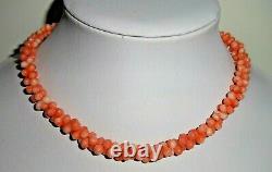 Vintage Angel Skin Coral Caeved Stone Bead Necklace 14k Gold Clasp