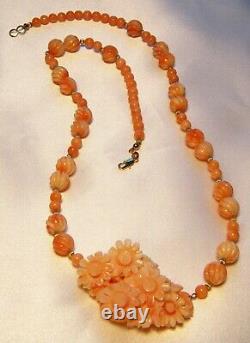 Vintage Angel Skin Coral Carved Bead and Floral Pendant 25 Necklace