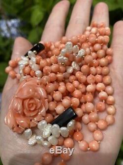 Vintage Angel Skin Coral Carved Flower Beaded Double Strand Necklace 72g