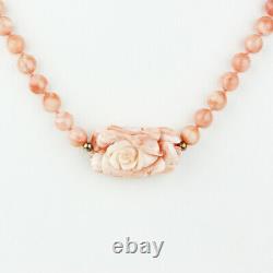 Vintage Angel Skin Coral Hand Carved Rose Pendant Endless Beaded Necklace 30