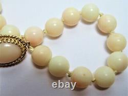 Vintage Angel Skin Coral Necklace, 14k Yellow Gold, 17mm Oval Clasp 10 MM Bead
