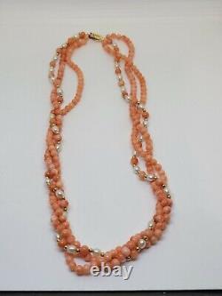 Vintage Angel Skin Coral Pearl 14k Yellow Gold Multi Strand Necklace