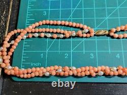 Vintage Angel Skin Coral Pearl 14k Yellow Gold Multi Strand Necklace
