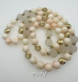 Vintage Angel Skin Coral Rose Quartz & 14k Gold Beaded Long Necklace