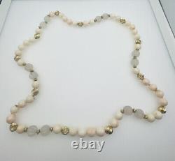 Vintage Angel Skin Coral Rose Quartz & 14k Gold Beaded Long Necklace