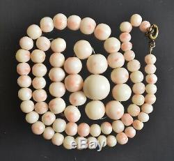 Vintage Angel Skin Natural CORAL Necklace, Graduated White with Pink beads 29 gr