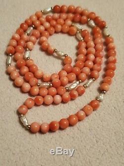 Vintage Angel Skin Pink Red Coral Pearl Gold Beads Necklace 28 to 29 inches