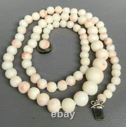 Vintage Angel Skin Pink & White Coral Graduated Bead Necklace 800 Silver Clasp