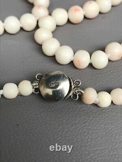 Vintage Angel Skin Pink & White Coral Graduated Bead Necklace 800 Silver Clasp