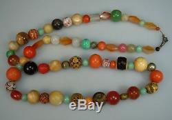 Vintage Antique Bead Necklace-Coral, Chinese Cinnabar, Carved, Jade, Carnelian