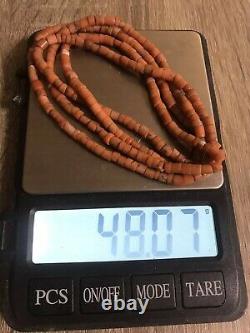 Vintage Antique Natural Carved Red Coral Beads Necklace 48 Grams