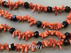 Vintage Art Deco Carved Whitby Jet and Salmon Coral Statement Necklace 1915-30's