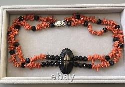 Vintage Art Deco Carved Whitby Jet and Salmon Coral Statement Necklace 1915-30's