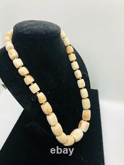Vintage Art Deco Graduating Barrel Shape Carved Genuine Coral Beads Necklace