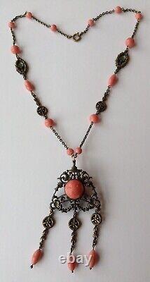 Vintage Art Deco Max Neiger Coral Rhinestone & Bead Pendant Necklace