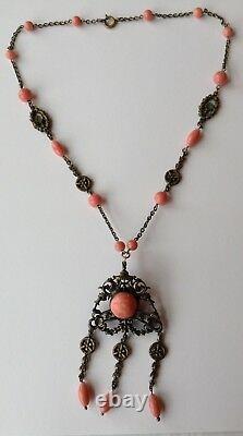 Vintage Art Deco Max Neiger Coral Rhinestone & Bead Pendant Necklace