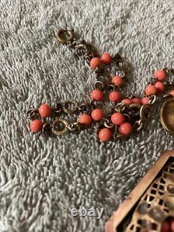 Vintage Art Deco Necklace Coral Color Beads And Ornate Brass