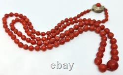Vintage Art Deco Red Aka Coral with Silver Clasp Necklace 14 Grams