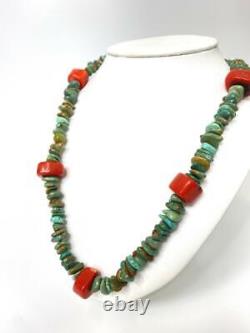 Vintage Artisan Royston Turquoise & Coral Nugget Necklace Native American 36