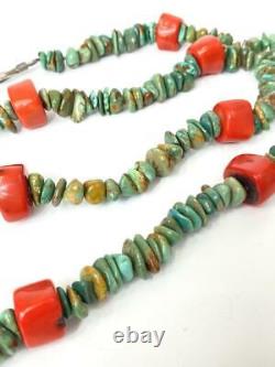 Vintage Artisan Royston Turquoise & Coral Nugget Necklace Native American 36