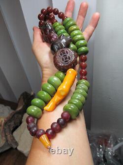 Vintage Asian Carved Jade or Agate Pig Green Gaspeite Coral Bead Large Necklace