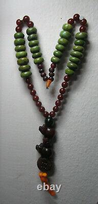 Vintage Asian Carved Jade or Agate Pig Green Gaspeite Coral Bead Large Necklace