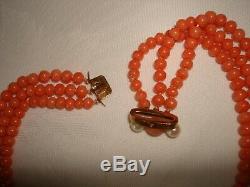 Vintage Bead Salmon Natural Coral 3 Strands Necklace With Clasp