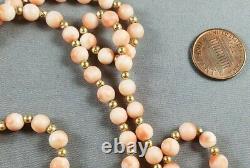 Vintage Beaded Angel Skin Coral Necklace w' Gold Spacers, 28