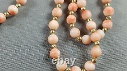 Vintage Beaded Angel Skin Coral Necklace w' Gold Spacers, 28
