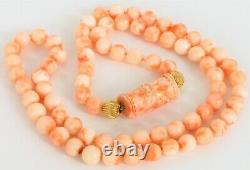 Vintage Beautiful 14k Yellow Gold Carved Angel Skin Coral Bead Necklace Art Deco